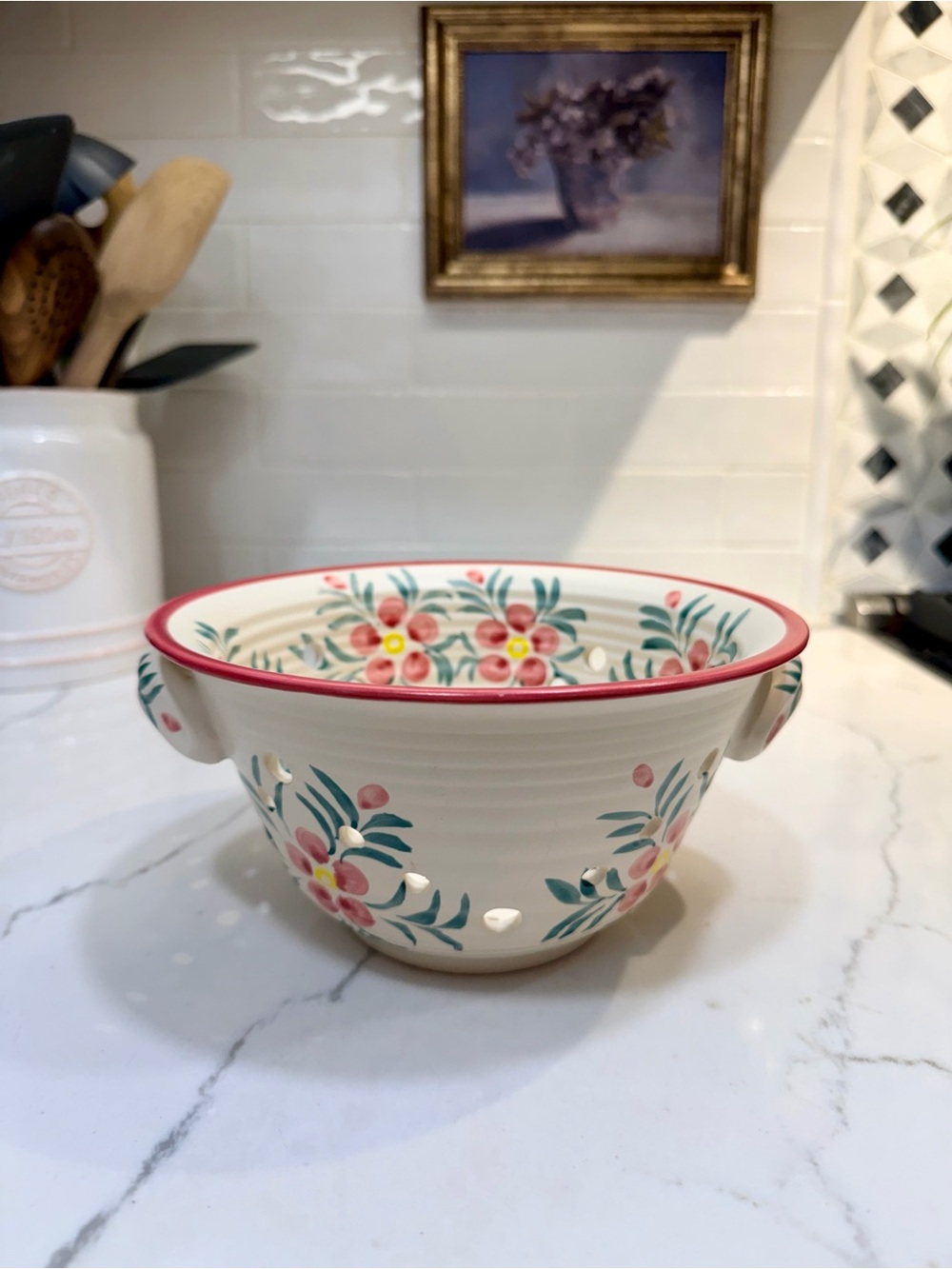 Vintage Pink and Cream Floral Ceramic Colander Bowl